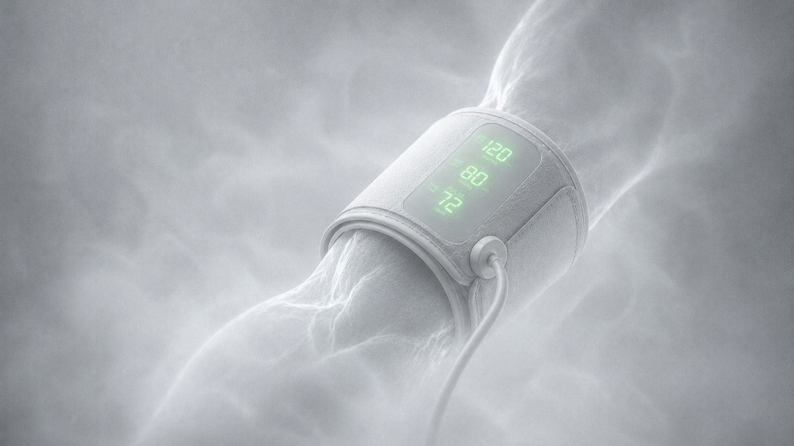 A monitoring cuff displaying blood pressure and pulse readings.