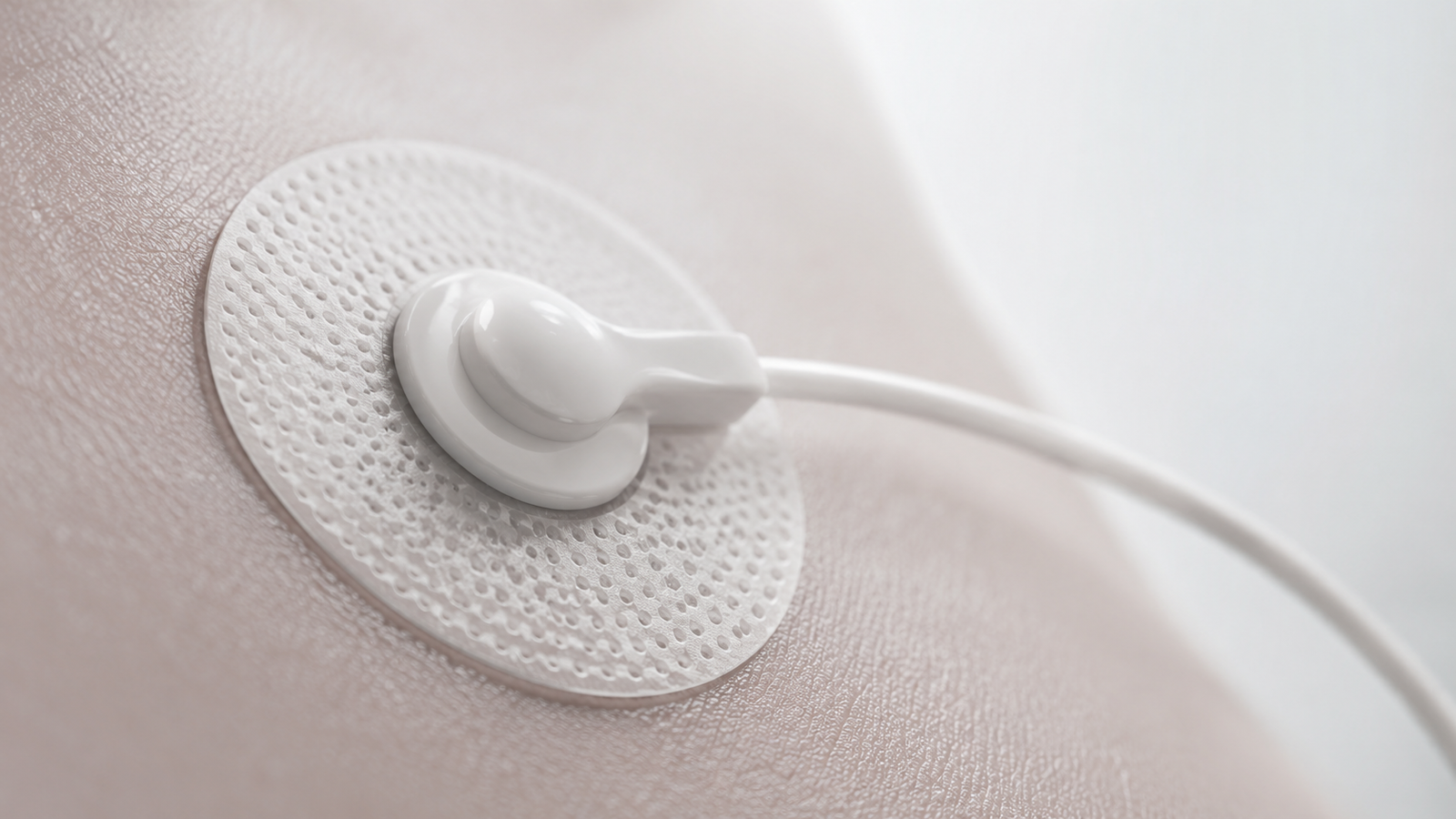 A cardiac electrode adhered to the skin.