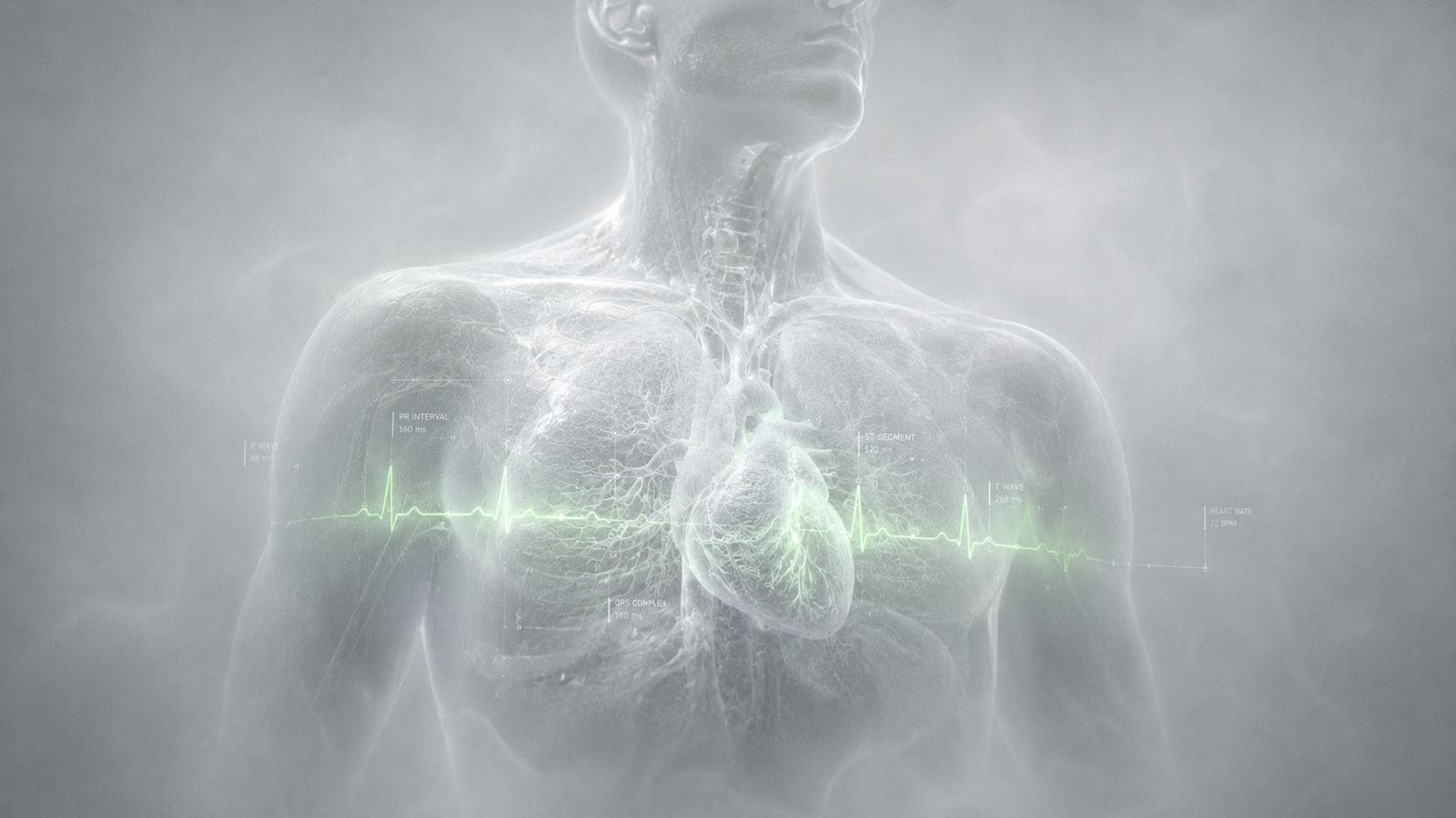 Anatomical render of the chest with an illuminated heart and ECG trace.